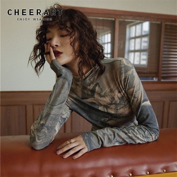 Cheerart Renaissance Printing Vintage Top Turtleneck Blusa de manga longa Mulheres spandex Bodycon Blusa Tops Roupas T200322