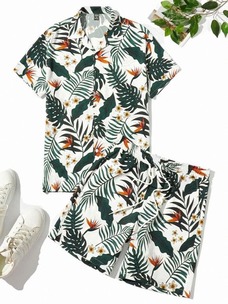 

men tropical print shirt & drawstring waist shorts z4ce#, Gray