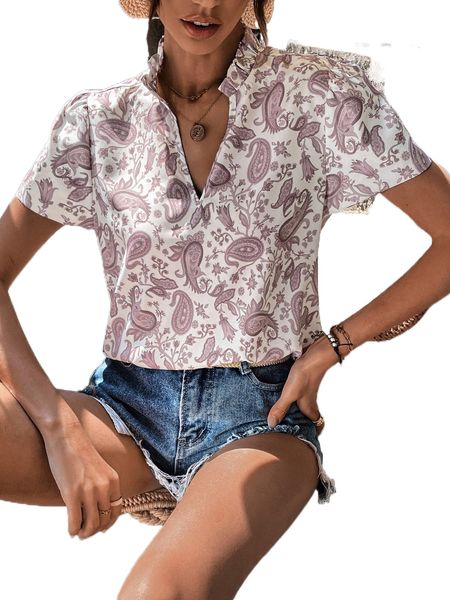 

allover paisley print frill trim notched neck blouse h41q#, White