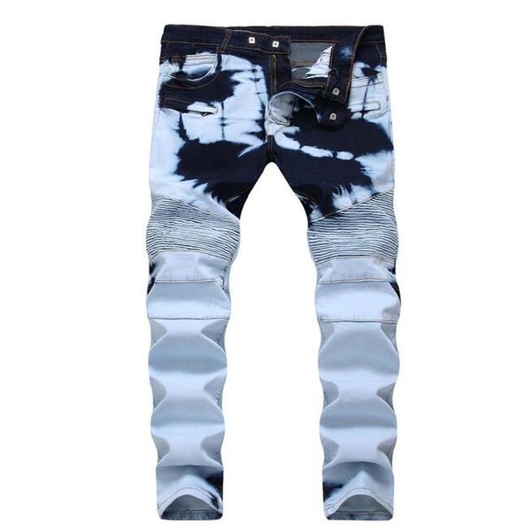 

new mens elastic fold skinny jeans fashion designer retro slim fit motorcycle biker causal bleached pleated denim pants tx1716194w, Blue