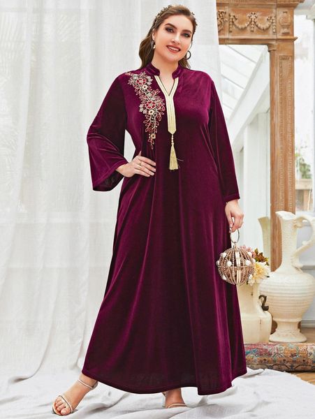 

plus notched neckline floral embroidery tassel velvet dress n7ac#, Black