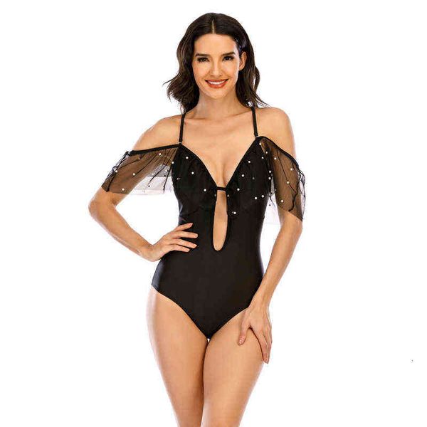

one-piece bikini deep v mesh ruffle swimsuit women, White;black