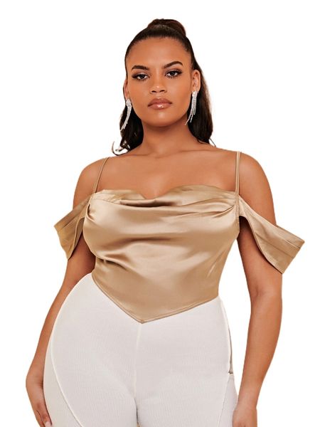 

bae plus ruched cold shoulder hanky hem satin blouse g6ss#, Black