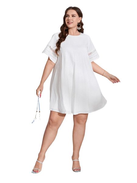 

plus guipure lace panel tunic dress 98bf#, Black