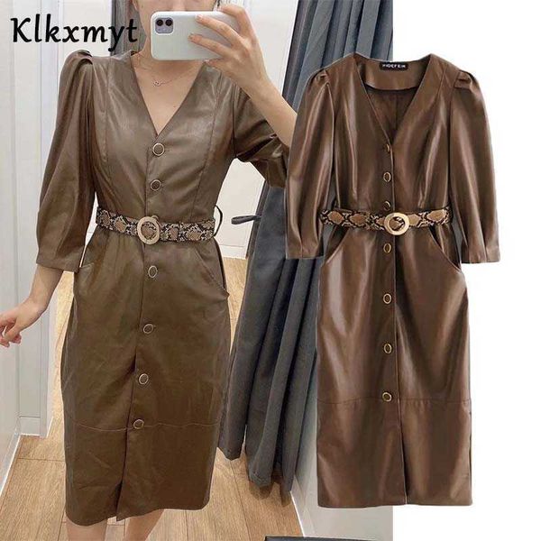 

klkxmyt za dress women chic fashion faux leather midi vintage v neck with sashes button female es vestidos 210527, Black;gray