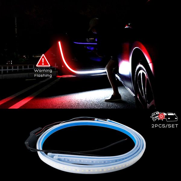 

2pcs 2020 car door opening warning light welcome lights strip led strobe flashing anti rear end collision safety lamps red white