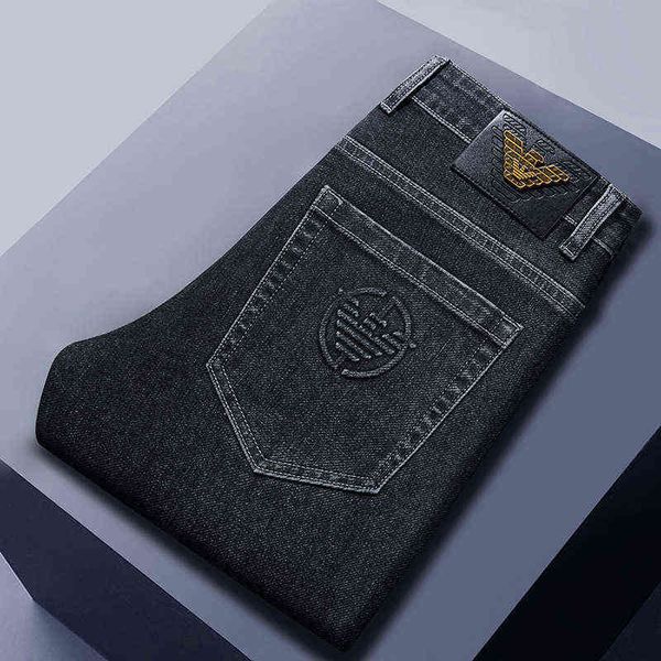 

winter autumn light luxury european embossed jeans men's korean elastic slim straight cotton black grey pants, Blue