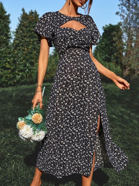 

ditsy floral print cut out ruched split thigh dress o46j#, Black;gray