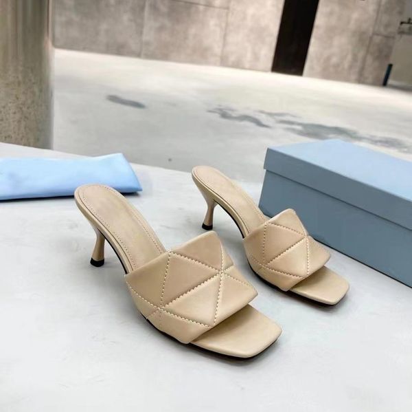 

designer slippers quilted nappa sandal triangle logo women slipper lattice slides rubber high heels soft suede leather slide, Black