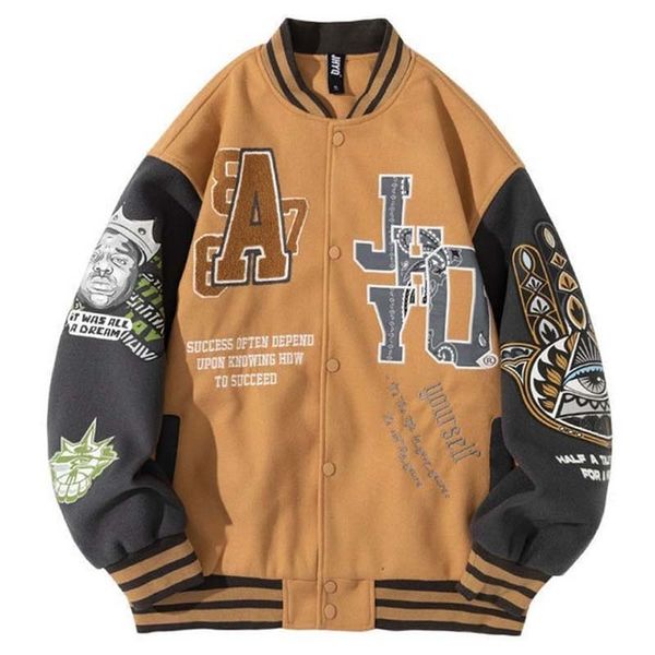 

men patch design varsity jackets american vintage print bomber baseball uniform woman couple fall hip hop loose thin streetwear 220805, Black;brown