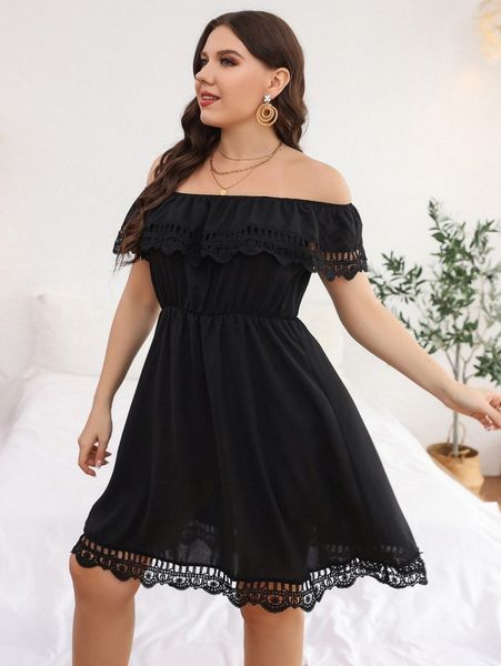 

plus contrast guipure lace off shoulder a-line dress m1x7#, Black