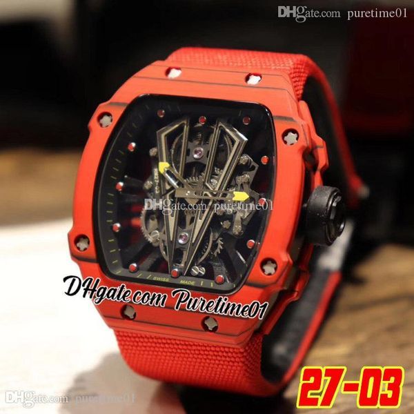 2022 27-03 Miyota Automatic Mens Watch Red Carbon Fiber Case Black Skeleton Dial Nylon Strap Super Edition PureTime01 E74B1