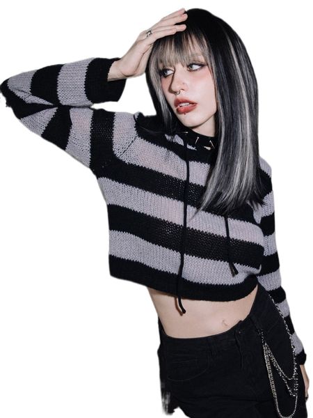 

romwe punk rock striped pattern drawstring crop hooded sweater s9ye#, White;black
