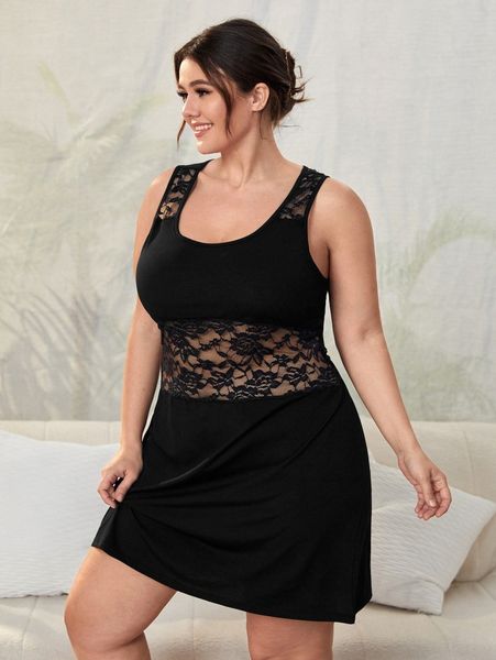 

plus contrast floral lace sleep tank dress 48h4#, Black;white