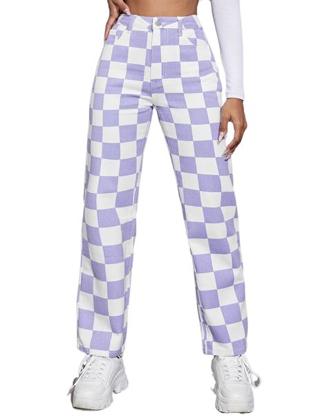 

high waist checker print straight leg jeans 45b8#, Black;white
