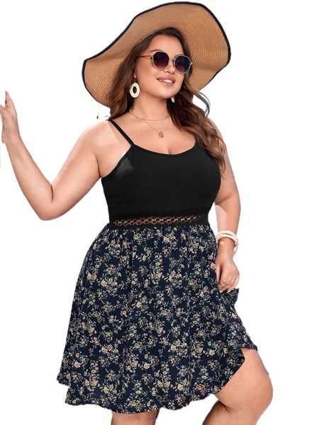 

plus ditsy floral print contrast lace cami dress c2b3#, Black