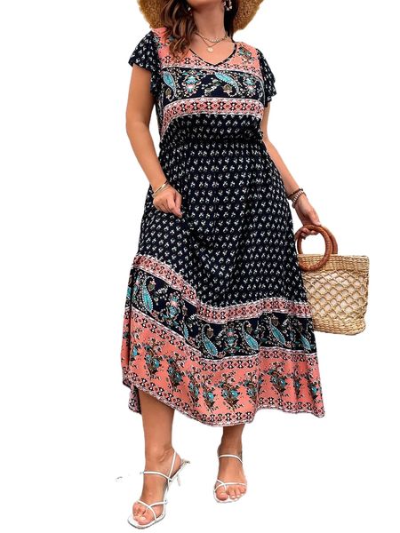 

plus floral & paisley print butterfly sleeve ruffle hem dress 601r#, Black