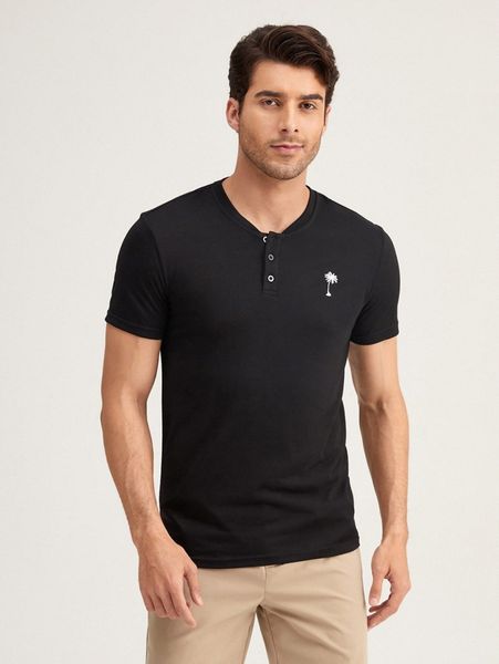 

men coconut tree print half button tee v30w#, White;black