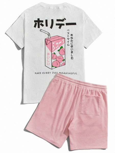 

men beverage & japanese letter graphic tee & drawstring waist shorts f55p#, Gray