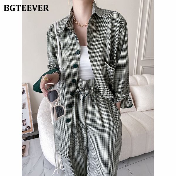 

vintage ladies houndstooth tracksuits full sleeve single-breasted shirts &amp wide leg pants casual women 2 pieces set, White