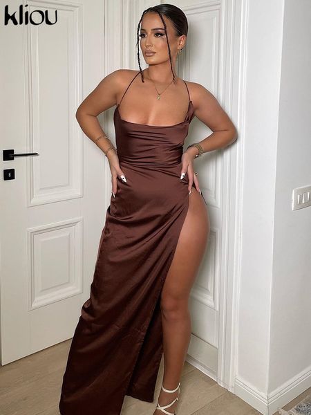 

solid spaghetti strap maxi dress women elengant square neck shaped waist side split vestidos lady partywear robe, Black;gray
