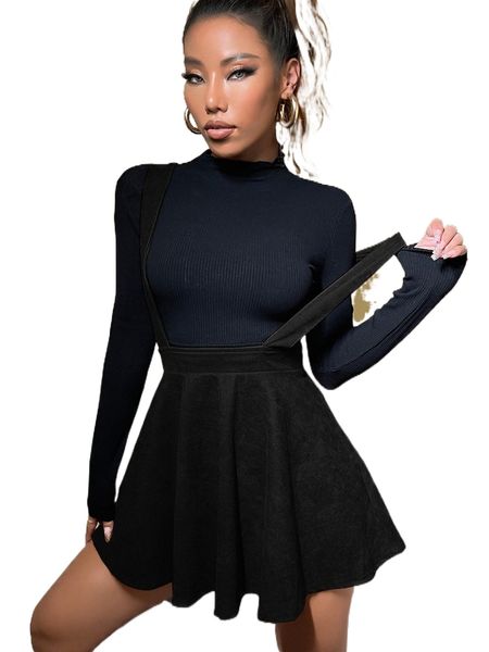 

solid corduroy suspender skirt b6ap#, Black