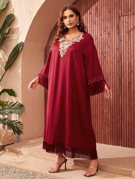 

plus appliques detail pearls beaded drop shoulder fringe hem dress 60jd#, Black