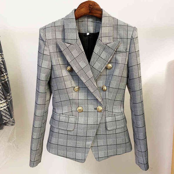 

grey british plaid blazer women 2021 new fashion ladies coat doublebreasted buttons slim work business blazers dropshipping j220813, White;black