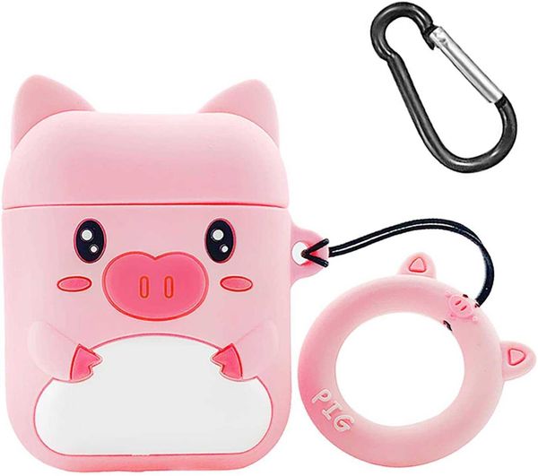 

case for airpods 2 & 1,cute air pods pink piglet case cover skin with keychain,3d cartoon soft silicone funny drop proof for airpods