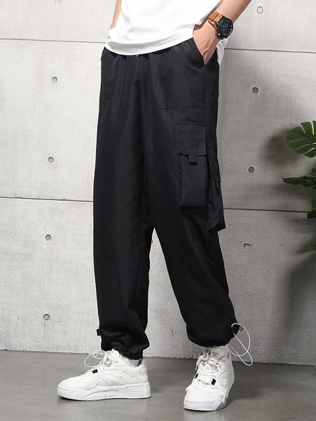 

men slant pocket drawstring waist cargo pants 05sr#, Black