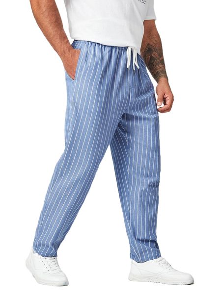 

extended sizes men striped drawstring waist pants u62q#, Black