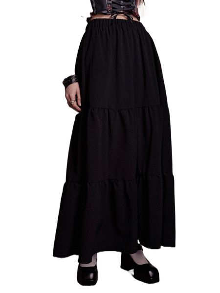 

romwe dark academia solid layered skirt i7mh#, Black