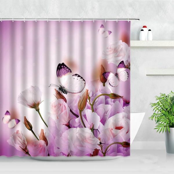 Tende da doccia Set di tende floreali rosa rosa Farfalla 3D Stampa di fiori viola Decorazioni per il bagno impermeabili Tende da bagno in tessuto di poliestereSho