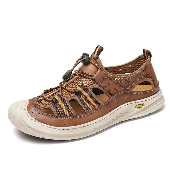 

outdoor non-slip beach shoes trendy men sandals spring and summer leather casual breathable soft bottom surface hollow mesh mens shoe two, Black