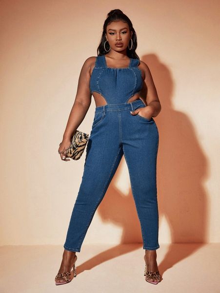 

sxy plus cutout zip back denim overalls a2yp#, Black;white