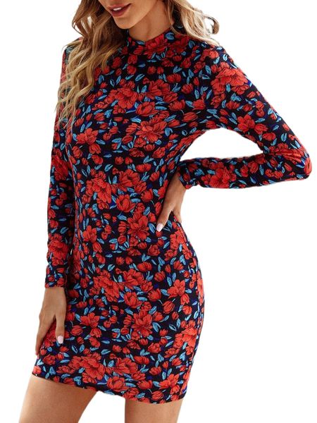 

floral print mock neck bodycon dress h5db#, Black;gray