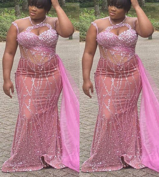 

2022 plus size arabic aso ebi pink mermaid luxurious prom dresses sheer neck evening formal party second reception birthday engagement gowns, Black