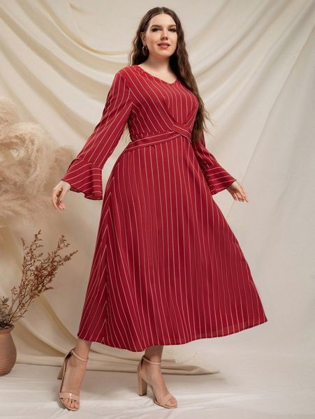 

plus vertical striped flounce sleeve crisscross dress w2kh#, Black