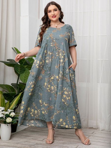 

plus floral print hidden pocket smock dress l9dc#, Black