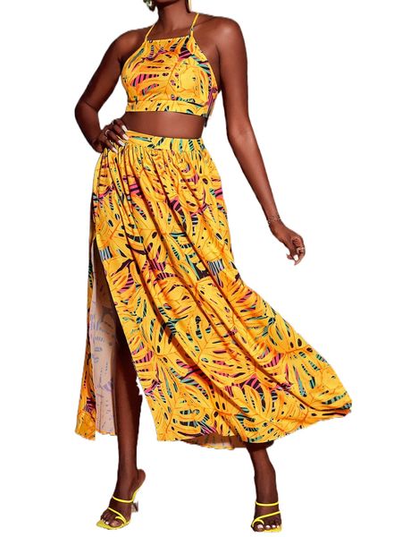 

tropical print tie back crop cami & split thigh skirt k0o4#, White