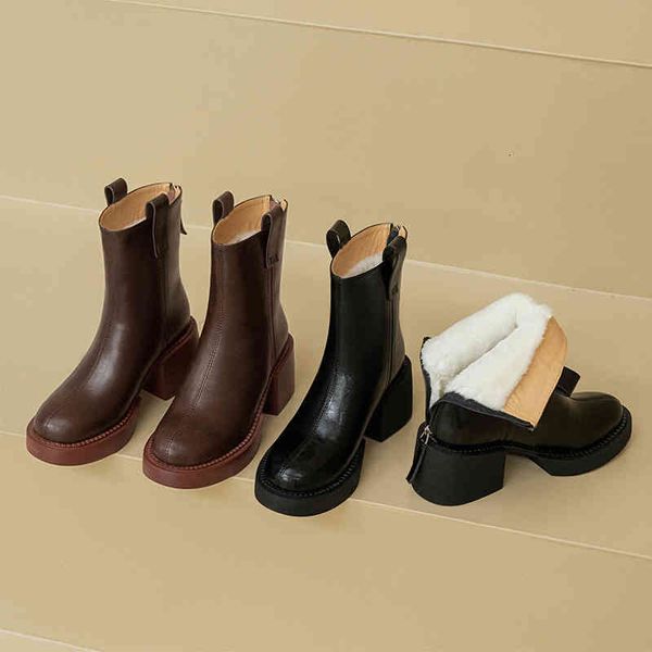 

boots cow leather thickened fur lined round head thick heel short boots autumn and winter back zipper korean snow g5qn, Black