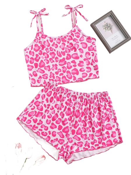 

allover print tie shoulder cami pajama set a1i0#, Black;red