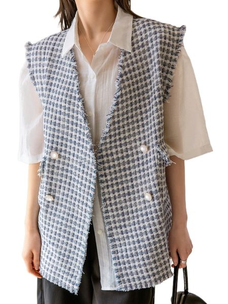 

dazy-less plaid raw hem double breasted tweed overcoat t5oz#, Black