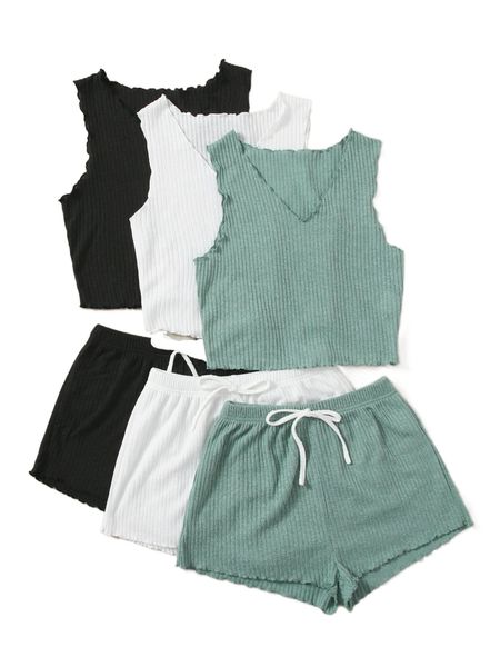 

3sets lettuce trim tank and shorts lounge set c5ja#, Black;red