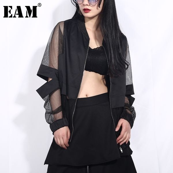 

eam new spring autumn stand collar long sleeve black hollow out perspective loose jacket women coat fashion jf73 y201012, Black;brown
