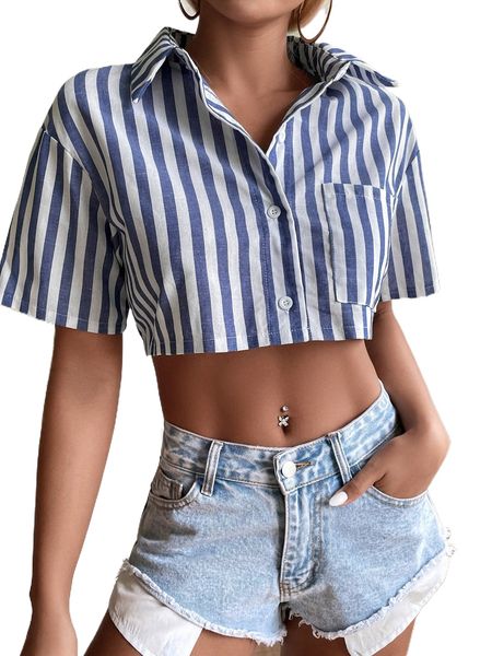 

striped patched pocket drop shoulder crop blouse a2dm#, White