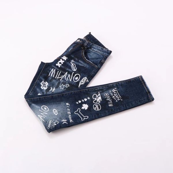 DSQ Jeans da uomo vernice graffiti jean Pantaloni hip-hop street trend Decorazione catena con cerniera strappato Stretch Nero Moda Slim Fit Lavato Moto Denim Pannelli