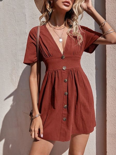 

button front deep v neck a-line dress h9d1#, Black;gray