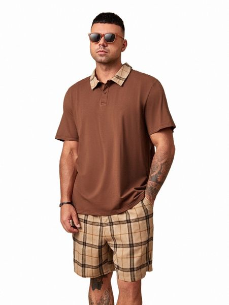 

extended sizes men plaid polo shirt & drawstring waist shorts 91oe#, Gray
