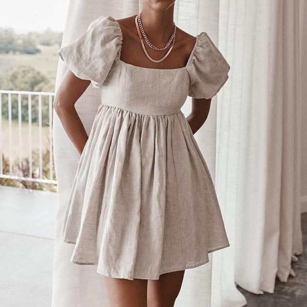 

vintage casual short dress summer women puff sleeve a line dresses high waist square collar linen ladies khaki, Black;gray
